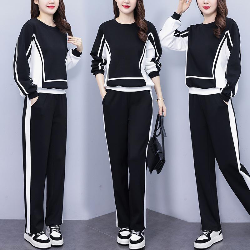 Casual Fashion Suit Plus Size Women's Contrast Color Round Neck Sweater Wide-leg Pants Two-piece Women