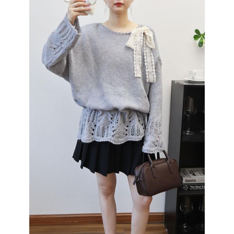 Gentle wind knitted sweater top early autumn new thin hollow sweet design sweater pullover woman