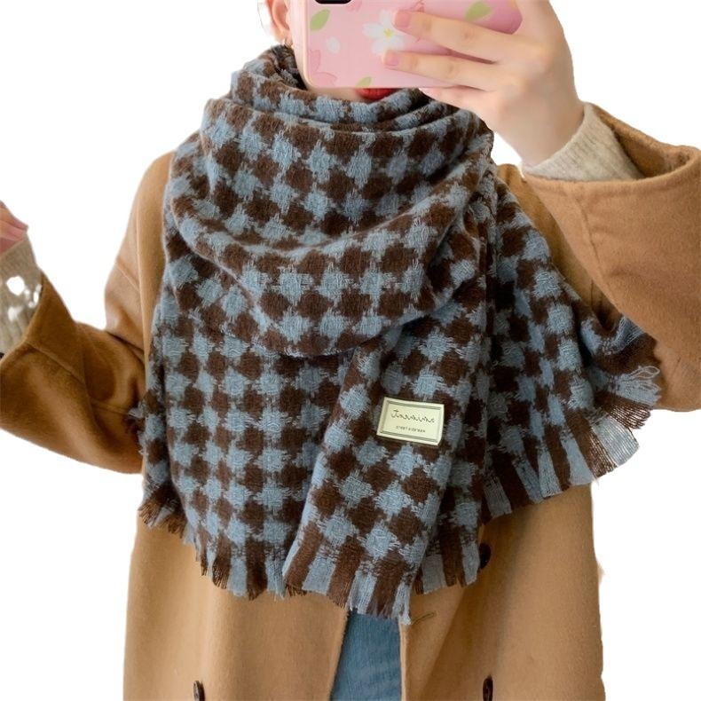 Houndstooth Scarf Women's Long Autumn and Winter Student Korean Style Women's Outer Shawl Dual Use Imitation Cashmere Warm Scarf