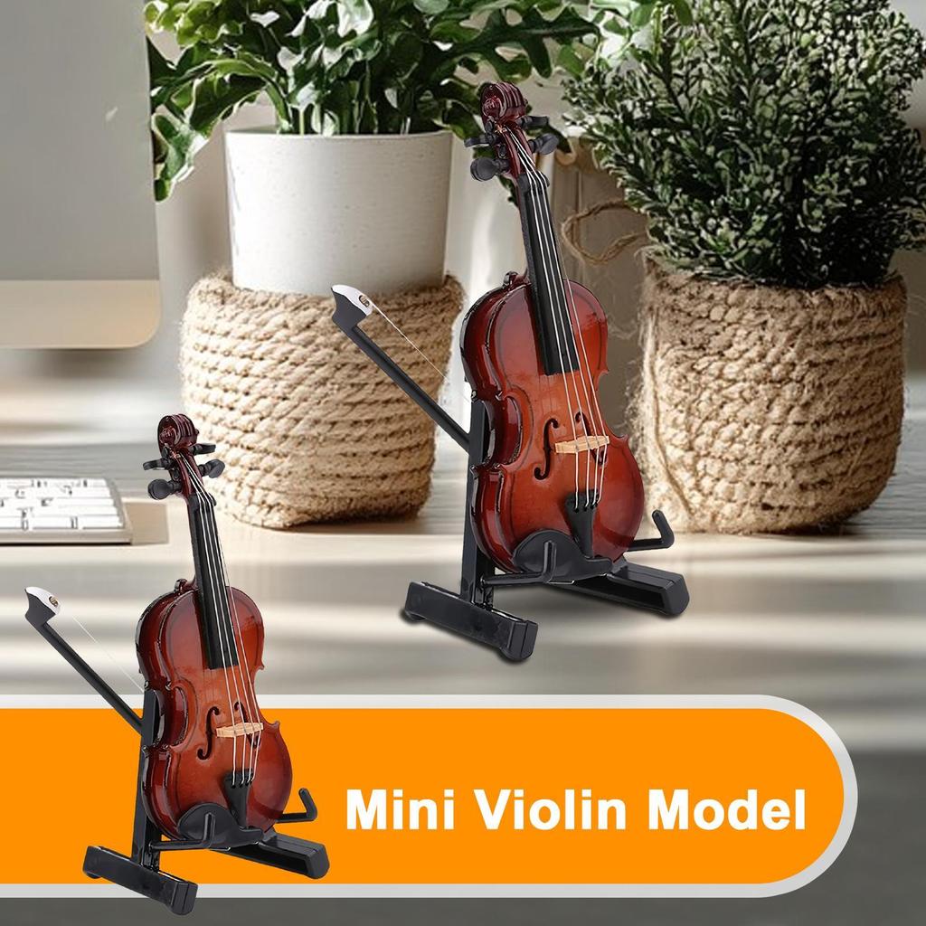 Mini Violin Figurine Miniature Model with Stand Collectible Display Accessories Wooden Craft Decoration for Offices Home