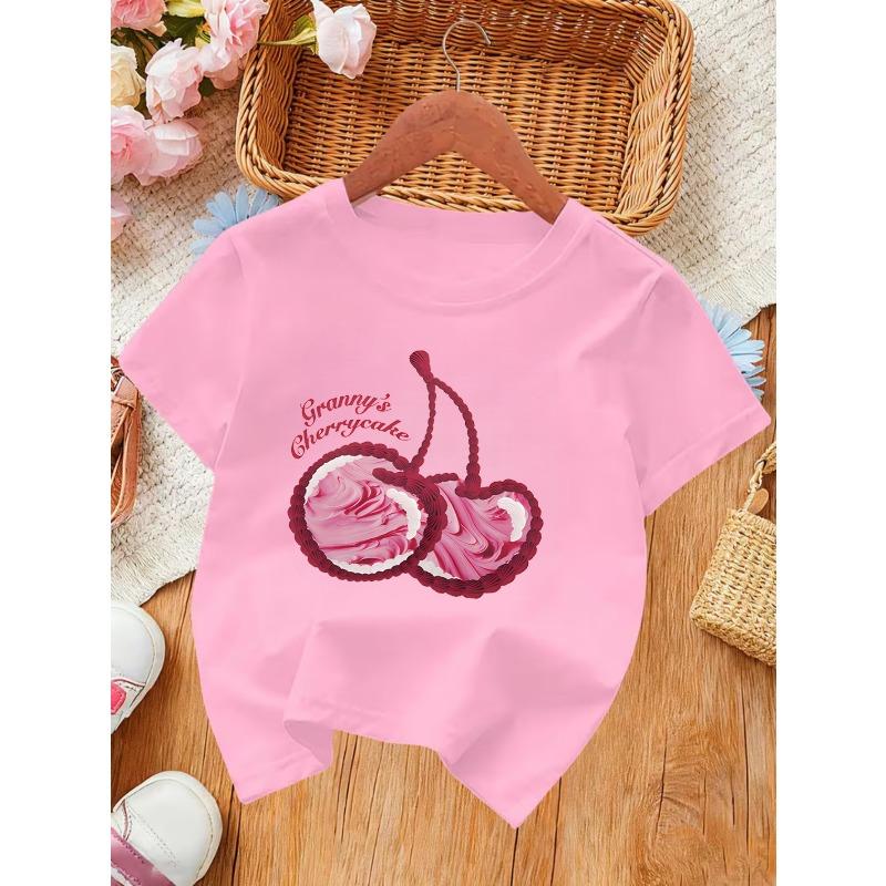 Kids Summer Crewneck T-Shirt, Granny's Cherry Cake Print Soft Breathable Stylish Short Sleeve Casual Tee