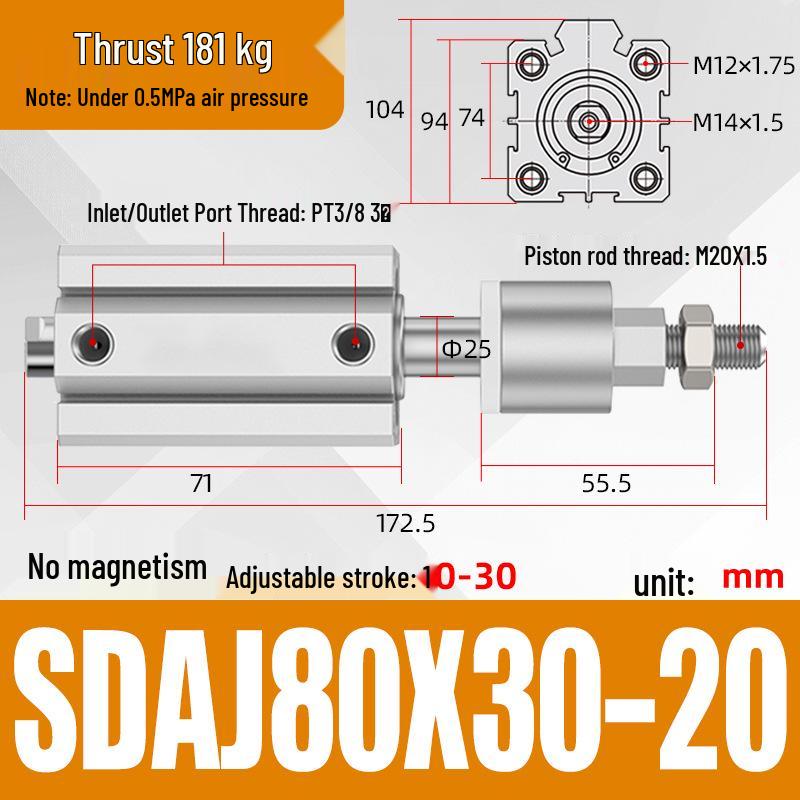 Adjustable Stroke Pneumatic Thin Cylinder - Piston Rod Sizes: 16/20/25/32/40/63