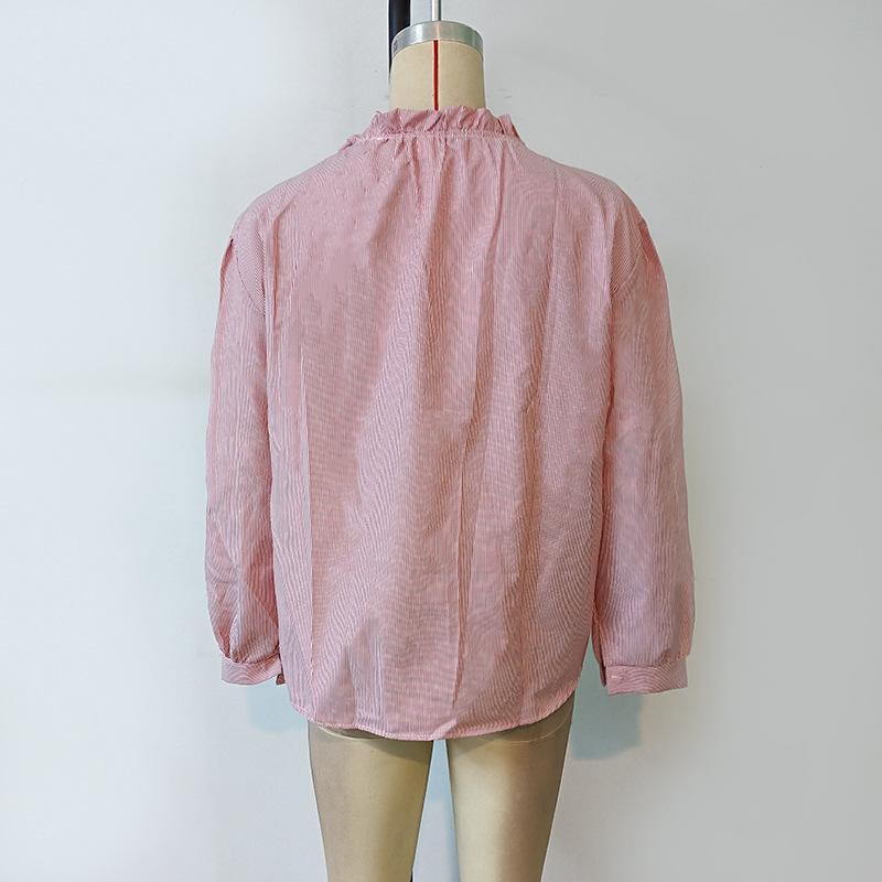 Damen Frühling Neu Gestreift Bedruckt Rundhals Holzohr Kante Western Stil Langarm Oberteil