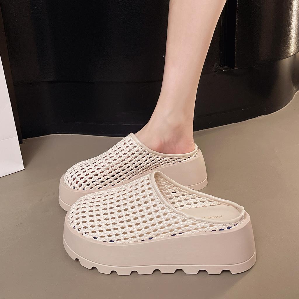 New Mesh Bag Head Half Slippers Women's 2025 Summer Muffin Bottom Cool Slippers Medium Heel Thick Sole One Pedal Cool Slippers
