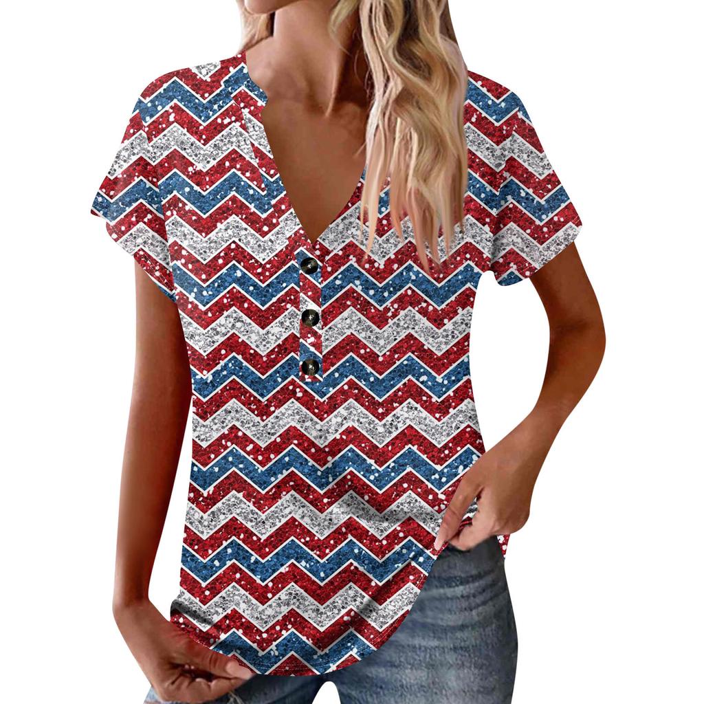 Women's New Button V Neck Fashion Print Short Sleeve Vintage Print T-Shirt Tops Casual Tops Loose T-Shirt Pullover Casual Loose Print Tops