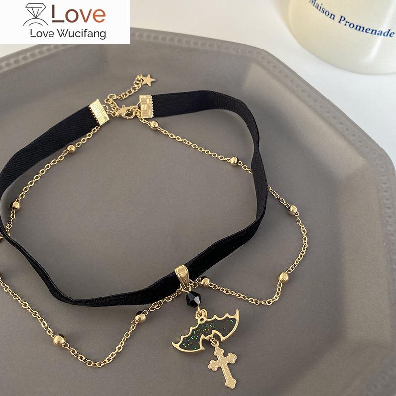 

Hip Hop Sweet Cool Style Necklace Cross Double Layered Overlay Necklace Neck Chain Personality Chocker Retro Jewelry
