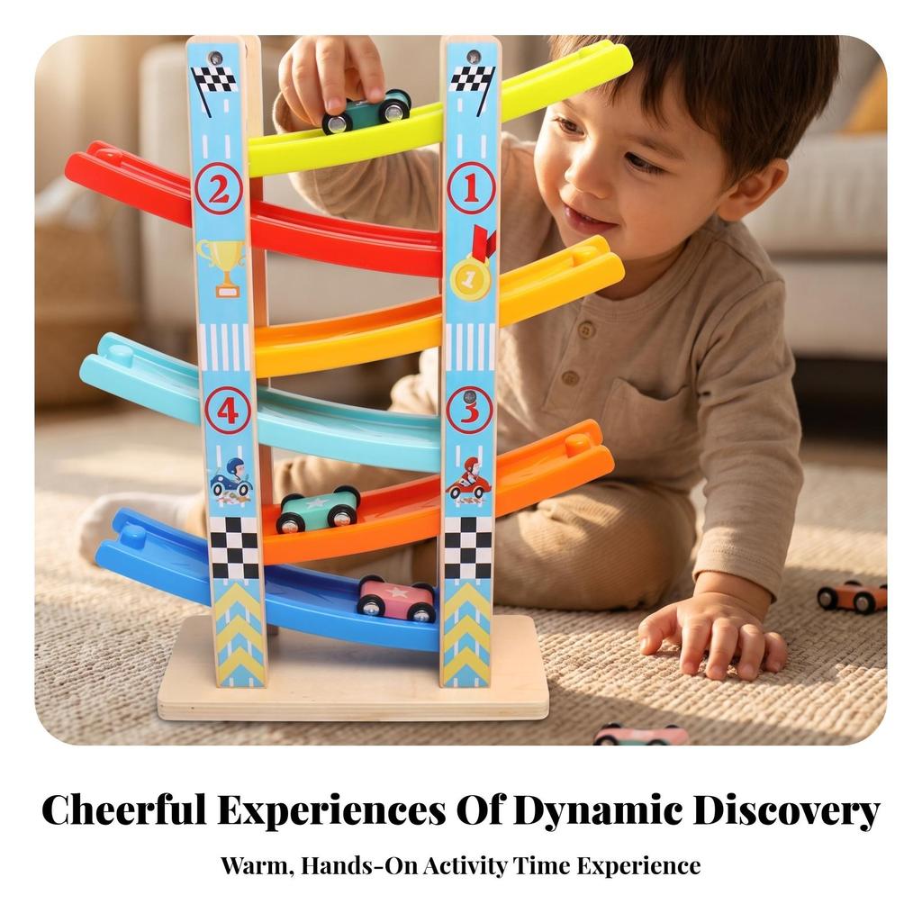Four-Track Sliding Car Toy Educational Wooden Ramp Race Track Set Racetrack