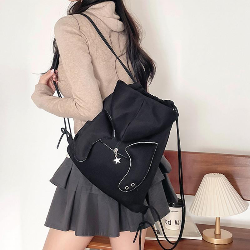 Girls Canvas Backpack With Drawstring Hood And Angel Wing Pattern For Daily Use And Travel