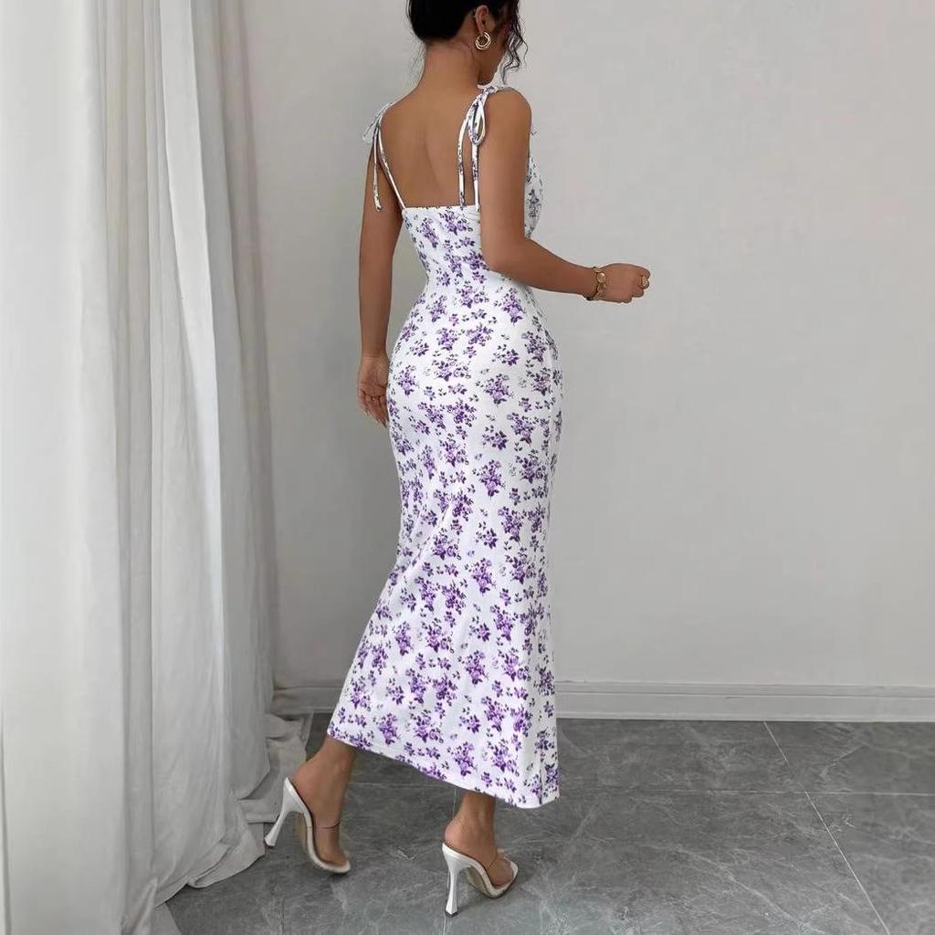 2026 Summer Floral Spaghetti Strap Dress - European & American Style, Slim Fit, Hip-Hugging, Sweet & Elegant Women's Long Dress