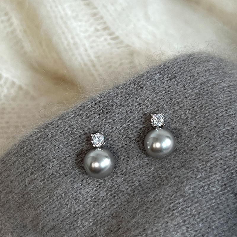 Grey pearl zircon stud earrings female Korean niche retro personality simple temperament earrings earrings