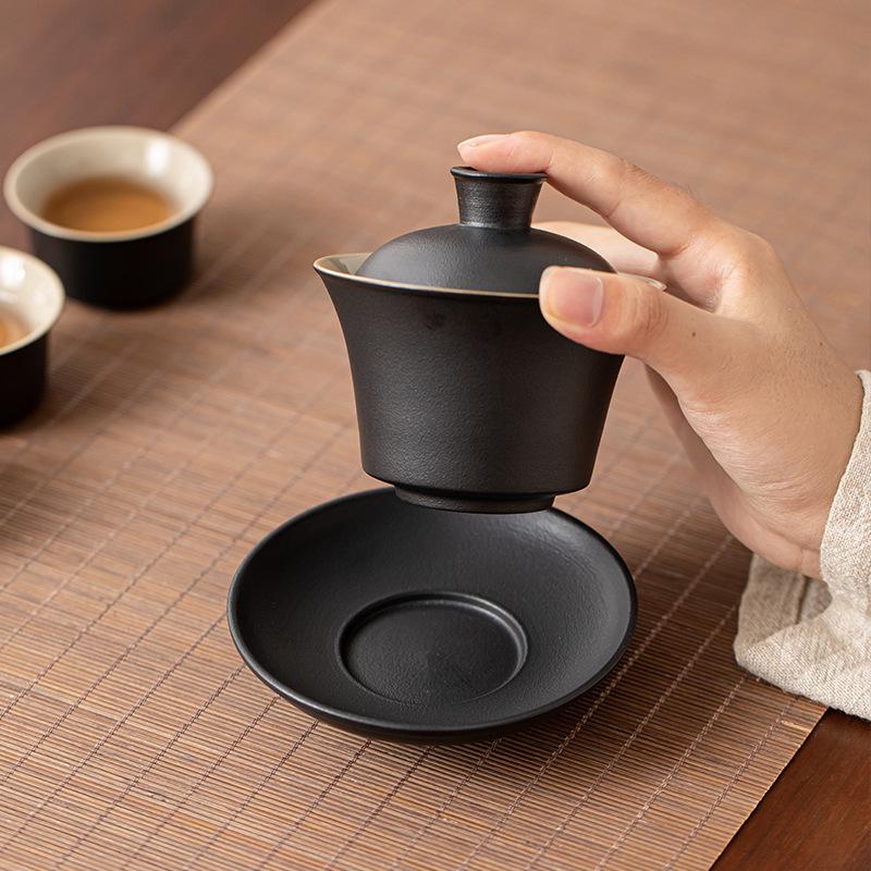 Black pottery covered bowl Kung Fu tea set Sancai covered bowl teacup single high-grade anti-scalding ceramic tea set household tea bowl