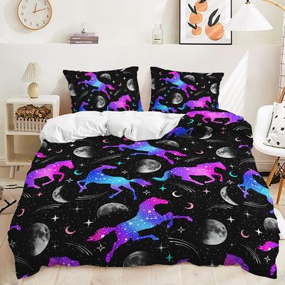 Juego de Ropa de Cama de Unicornio de Dibujos Animados Tamaño King Queen Unicornios Arcoíris Juego de Funda Nórdica con Funda de Almohada Ropa de Cama de Poliéster para Niños Niñas