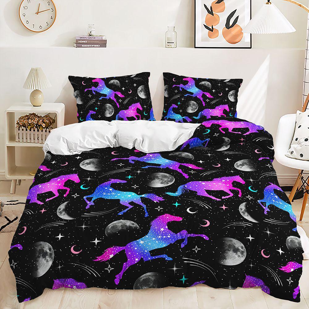 Cartoon Unicorn Bedding Set King Queen Size Rainbow Unicorns Duvet Cover Set with Pillowcase Polyester Bed Linen for Kids Girls
