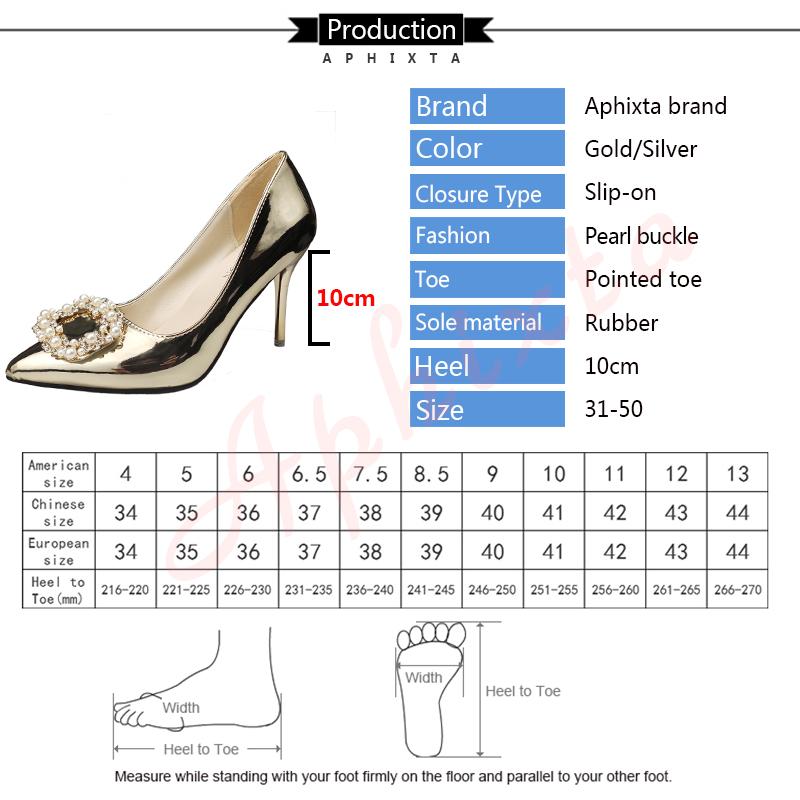 Fashion Aphixta Luxury Pearl Buckle Pumps Women 10cm Thin Heels Crystals Bling Patent Leather Office Casual Shoes Big Size 50