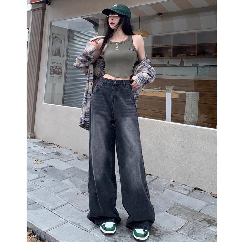 

Женские джинсы с высокой посадкой и широкими штанинами - Весна/Осень, Стройнящие, Свободного кроя, Брюки прямого кроя длиной до пола от Myer M черный серый