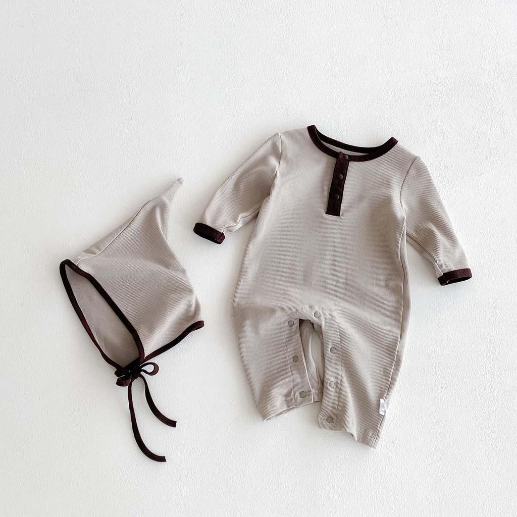 Baby Boy Autumn Rib Knit Long Sleeve Romper - Solid Color Newborn Onesie