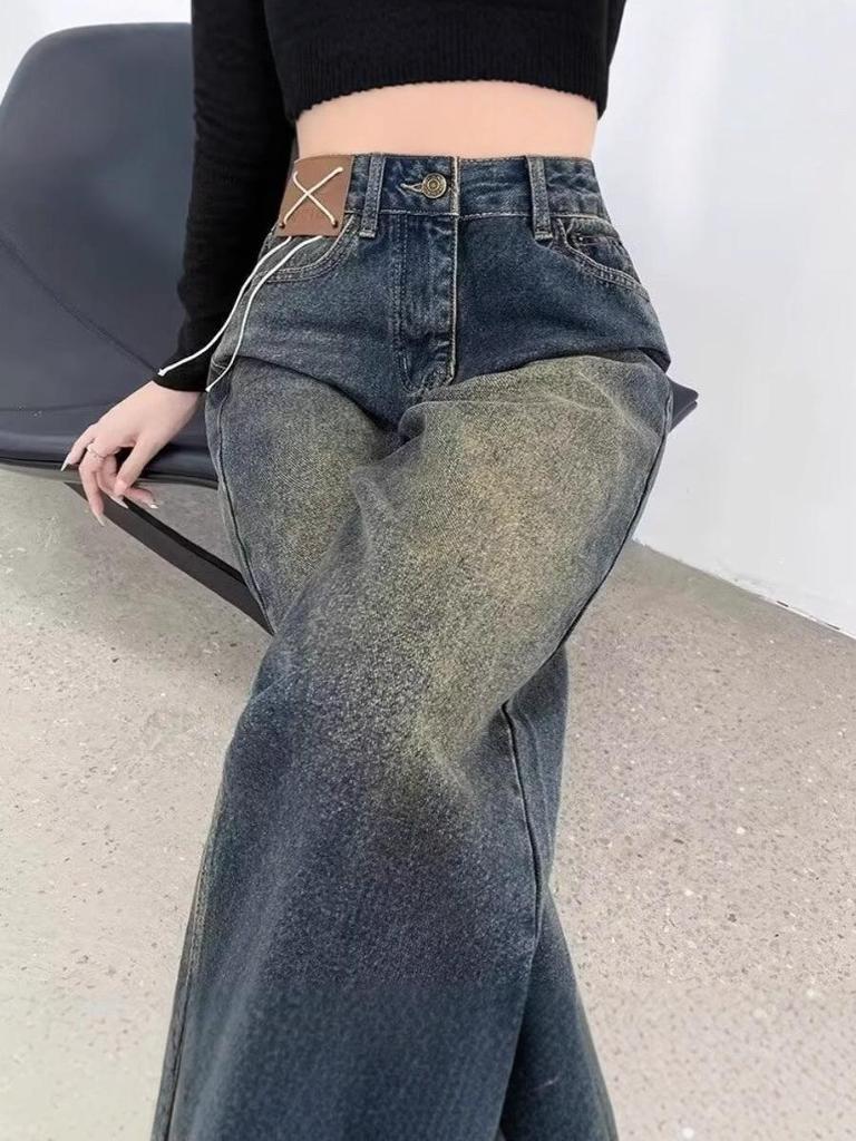Jeans Retro Blu a Gamba Larga per Donne a Forma di Pera - Primavera/Autunno, Lunghezza Maxi, Vestibilità Larga