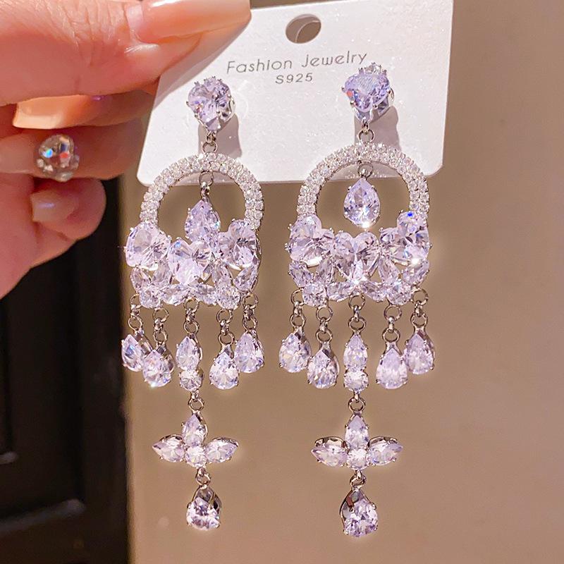 Silver Needle Diamond Tassel Drop Earrings: Elegant, Fashionable, Statement Design