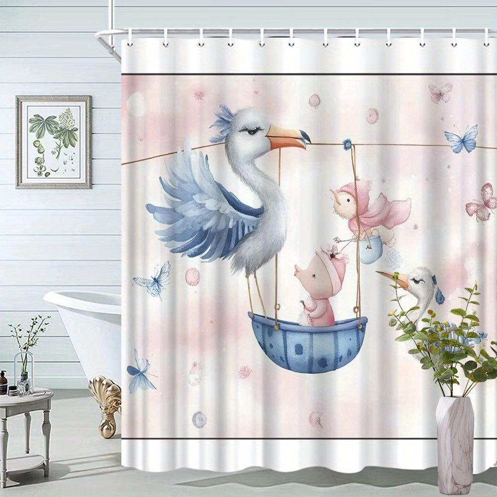 

Funny Stork & Chick Shower Curtain - Watercolor Style,Animal & Nature Pattern,Polyester Fabric,Bathtub Divider,Includes 12 Hooks W60H190(CM)-1 Pcs
