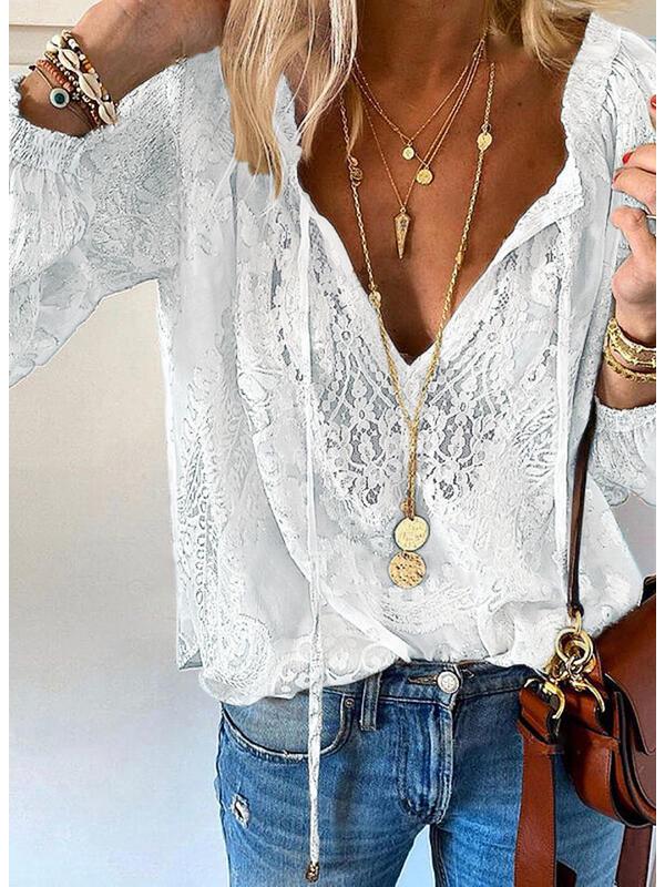 European-American Lace Print Loose-Fit Pullover Shirt