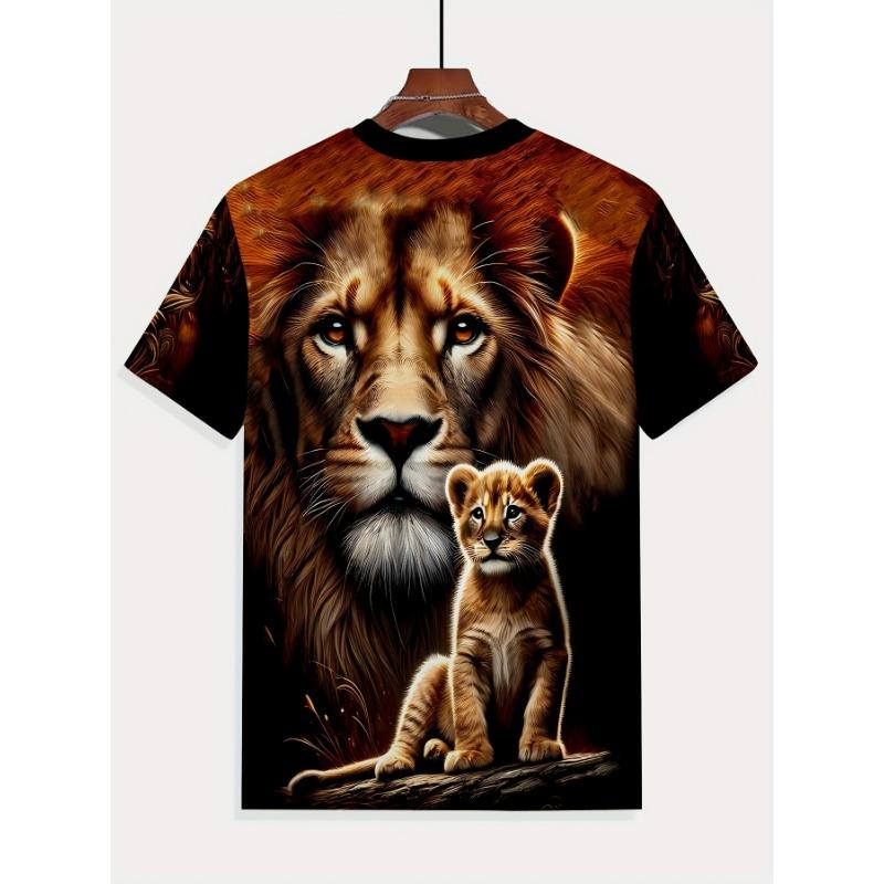 Men's Lion and Cub 3D Printed T-Shirt Casual Short Sleeve Crewneck Top Cool Animal King Family Graphic Tee Trendy Hip Hop Style Streetwear Fashion