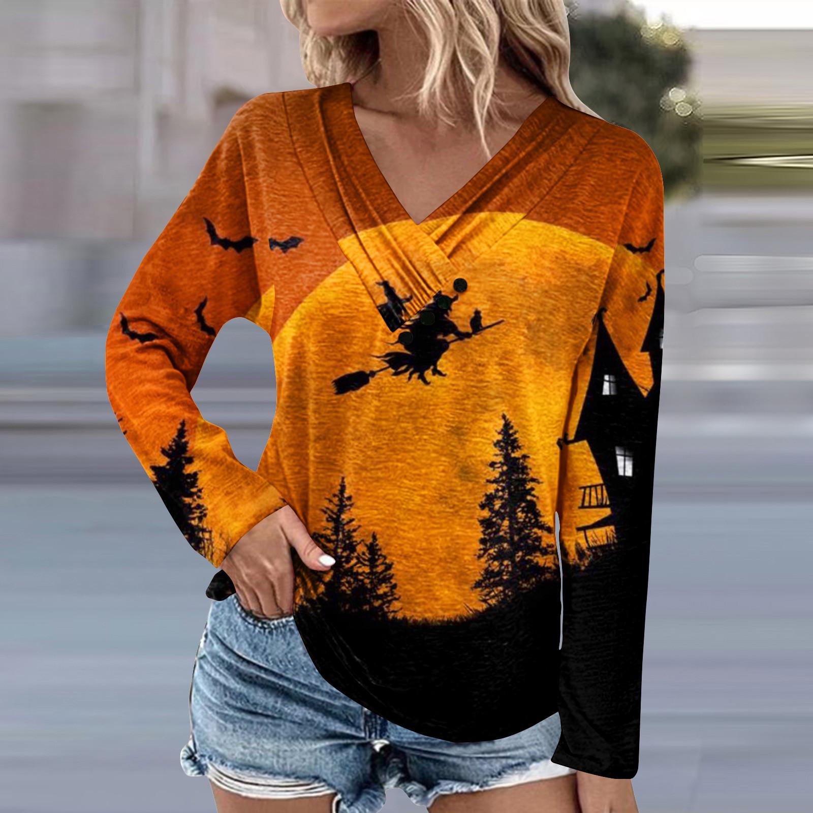 

Женская туника с длинным рукавом, свободные топы, повседневные топы оверсайз, плиссированная туника на пуговицах, повседневные осенние женские топы с принтом на Хэллоуин XL оранжевый