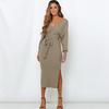 Autumn and Winter Knitted Dress Women Slim V-neck Sweater Dress Tie Long Sweater