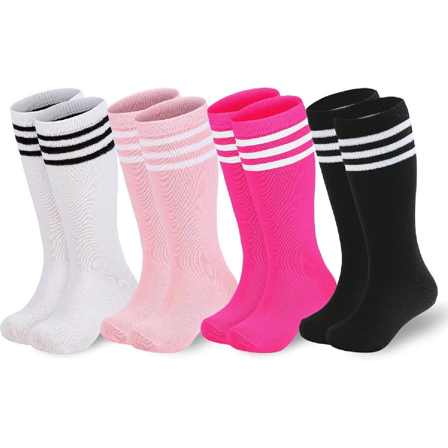 American Trends 4 Pairs Toddler Soccer Socks Kids Youth Baseball Sock Boys Girls Knee High Striped Socks Cotton Tube Sock