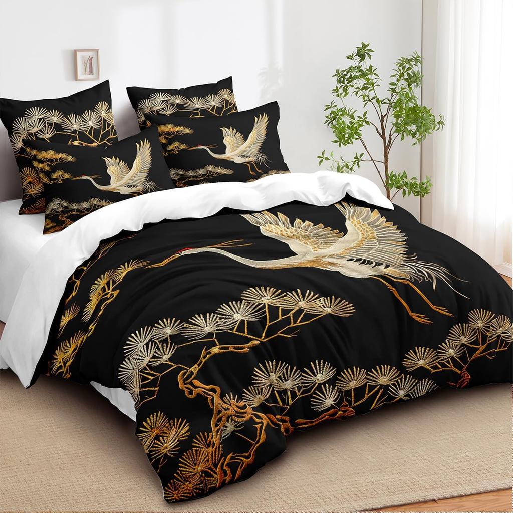 Comforter Comforter Set Queen Size Black Gold Pine And Crane Bedding Set 3D Vintage Chinoiserie Printing Bedding White Golden Bird Tree