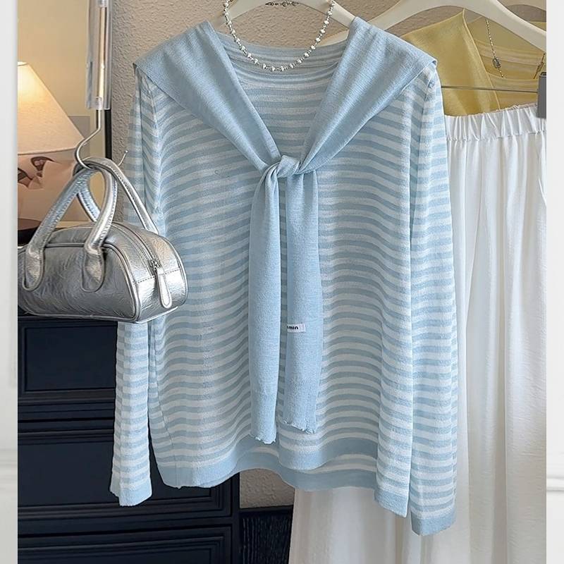 Summer Knit Top With Stripes For Casual Wear In Polyester Fabric For Women