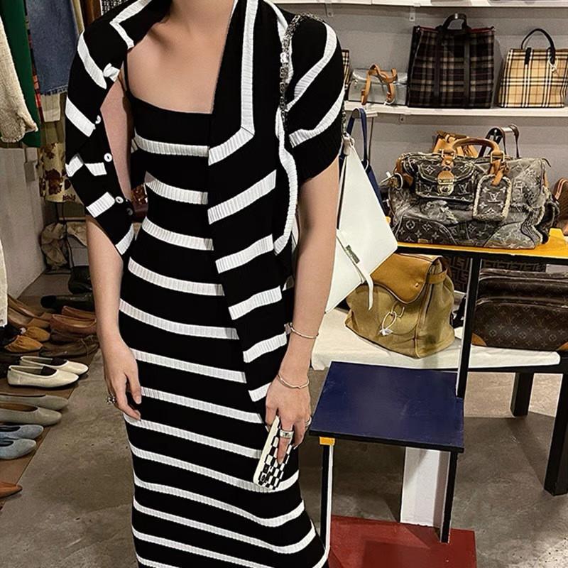 Korean Slim Two-piece Striped Cardigan To Show Slimming Cover Flesh Goddess Knitted Dress Early Hip Skirt