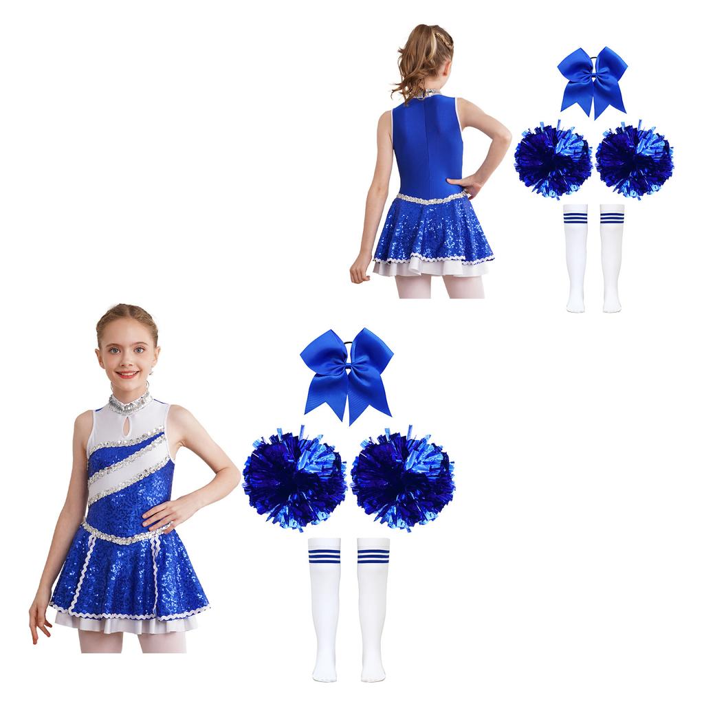 Girls Cheerleading Dance Dress Shiny Sequins Patchwork Invisible Zipper Back with Bow and Socks