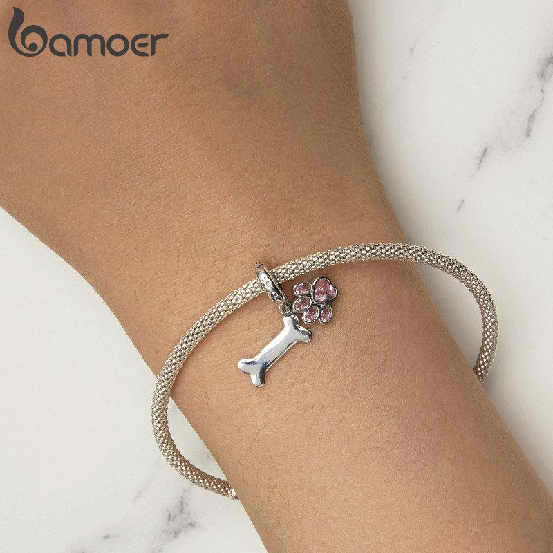 BAMOER Gold Plated Pet Dog Charm Beads for Charm Bracelet, Genuine 925 Sterling Silver Border Collie Dachshund Schnauzer Pendant