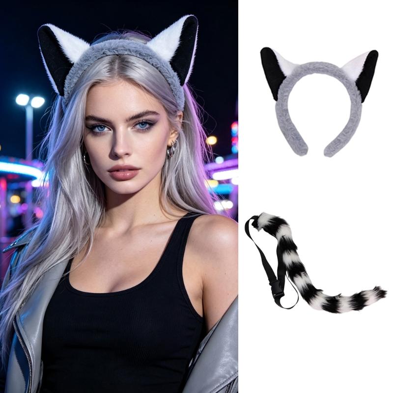 Plush Raccoon Ears and Tail Costume Set with Arched Ear Headbands, Two-Piece Animal Accessories for Cosplay and Costume Balls