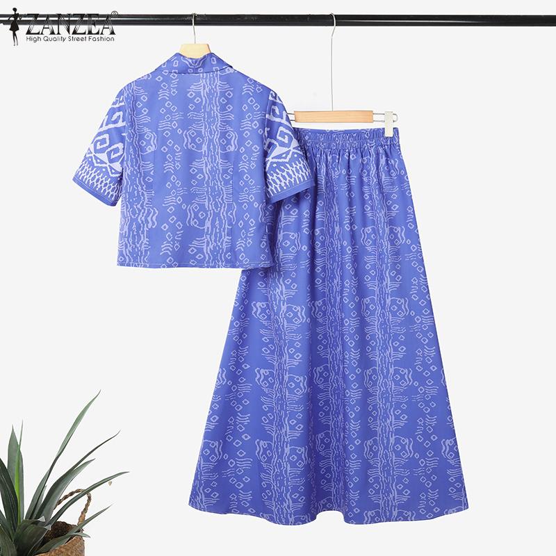 ZANZEA Women Short Sleeve Blouse and Long Skirt Retro Print Two Piece Suit Sets