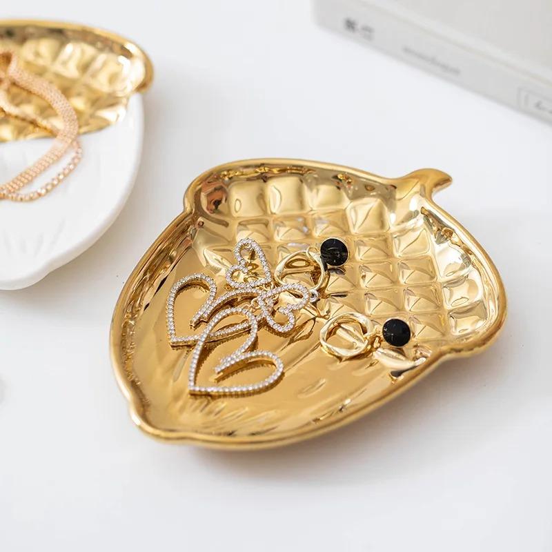 Ceramic Tray with Gold Pinecone Design - Creative Jewelry Organizer Entryway Key Tray  Home Decor Display  Ideal for Small Items