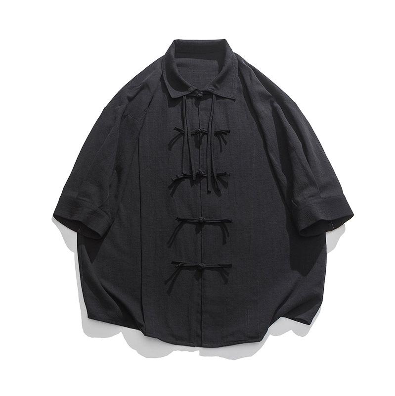 Kids' Summer Retro Tang Suit: Loose Short-Sleeve Cotton & Linen Shirt