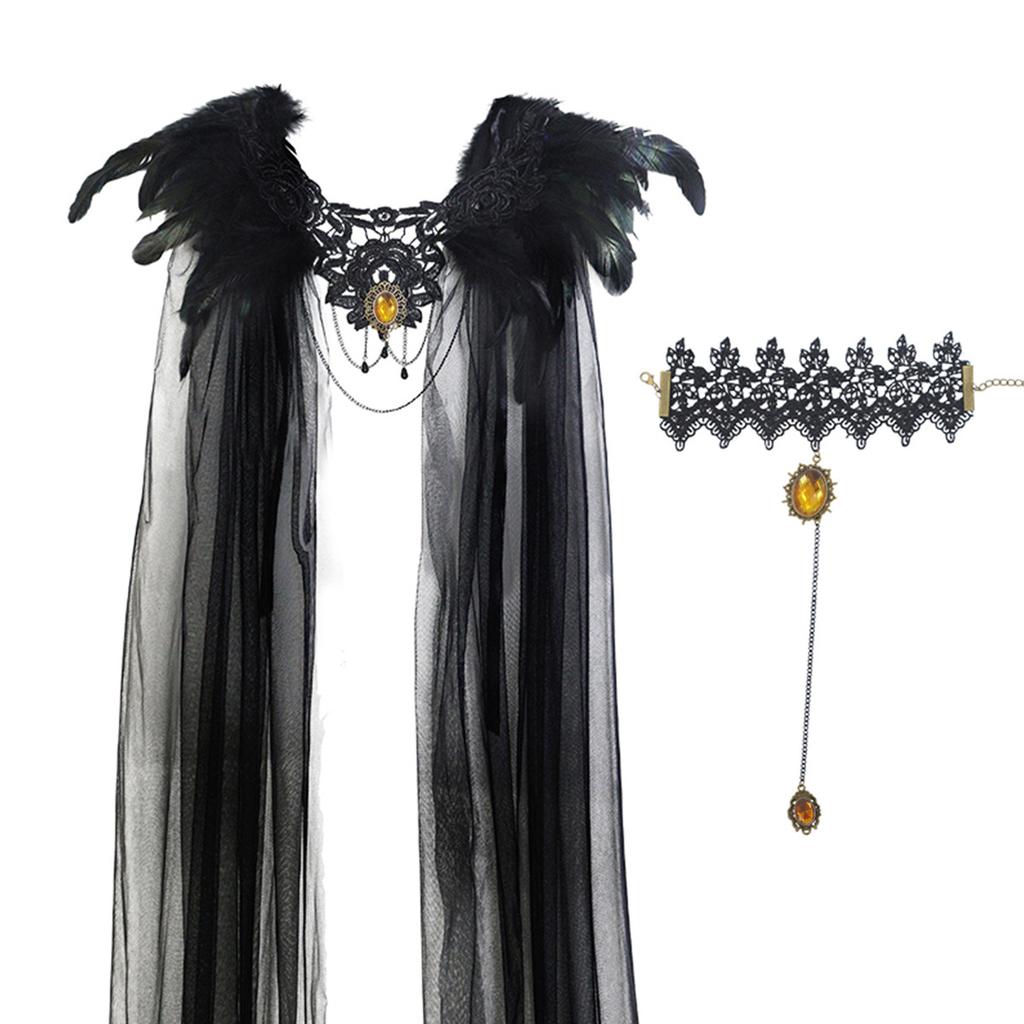 Halloween Cloak Black Feather Mesh Cloak Medium Dress Jewel Bracelet Stage Party Dance