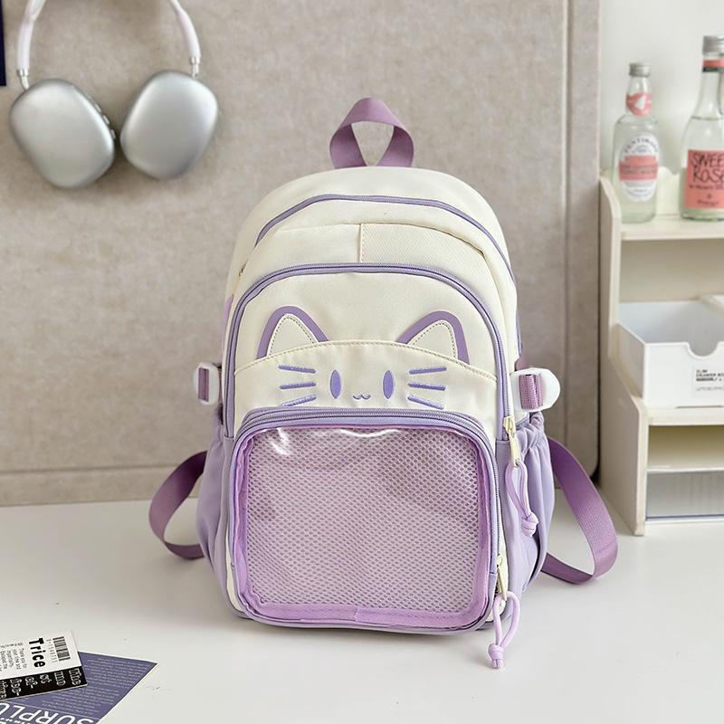 Schoolbag Japanese ins cute cat backpack pain bag transparent large-capacity schoolbag versatile casual shoulder bag