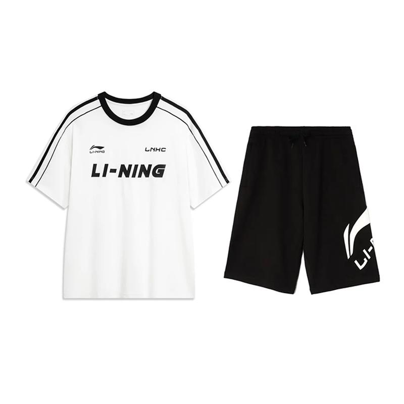 

Li Ning American Striped Pullover Round Neck Short Sleeve Solid Color Shorts Casual Sports Suit Unisex suit YHSV367-1+AKSU911-1 2XL
