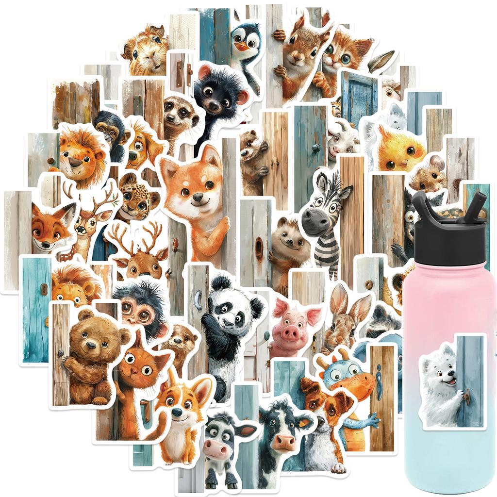50 Cartoon Peeking Animal Stickers Outside The Door Decorative Notebook Suitcase DIY Waterproof Stickers