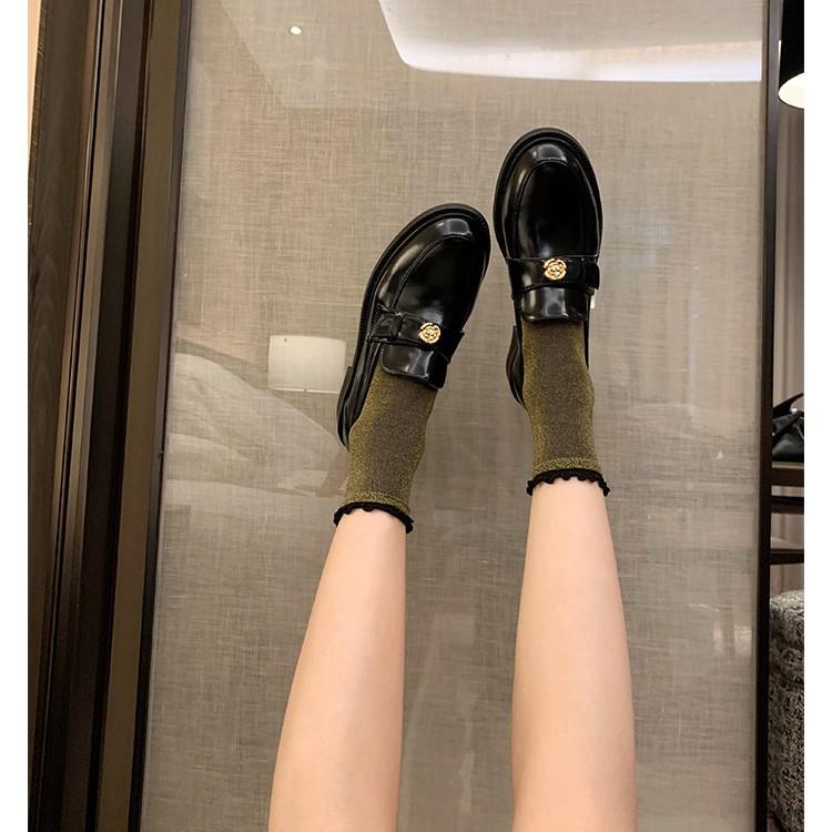 Whole Cowhide~ Thick-soled Camellia Jk Small Leather Shoes, Women's Small Gold Buckle, One Pedal, Lazy with Skirt, Genuine Leather Loafers