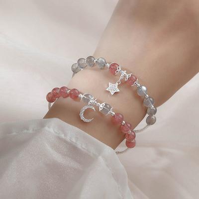 Moonstone Strawberry Crystal Bracelet Women's Sterling Silver Korean Edition Student Simple Personality Pink Bracelet Star Moon Jewelry