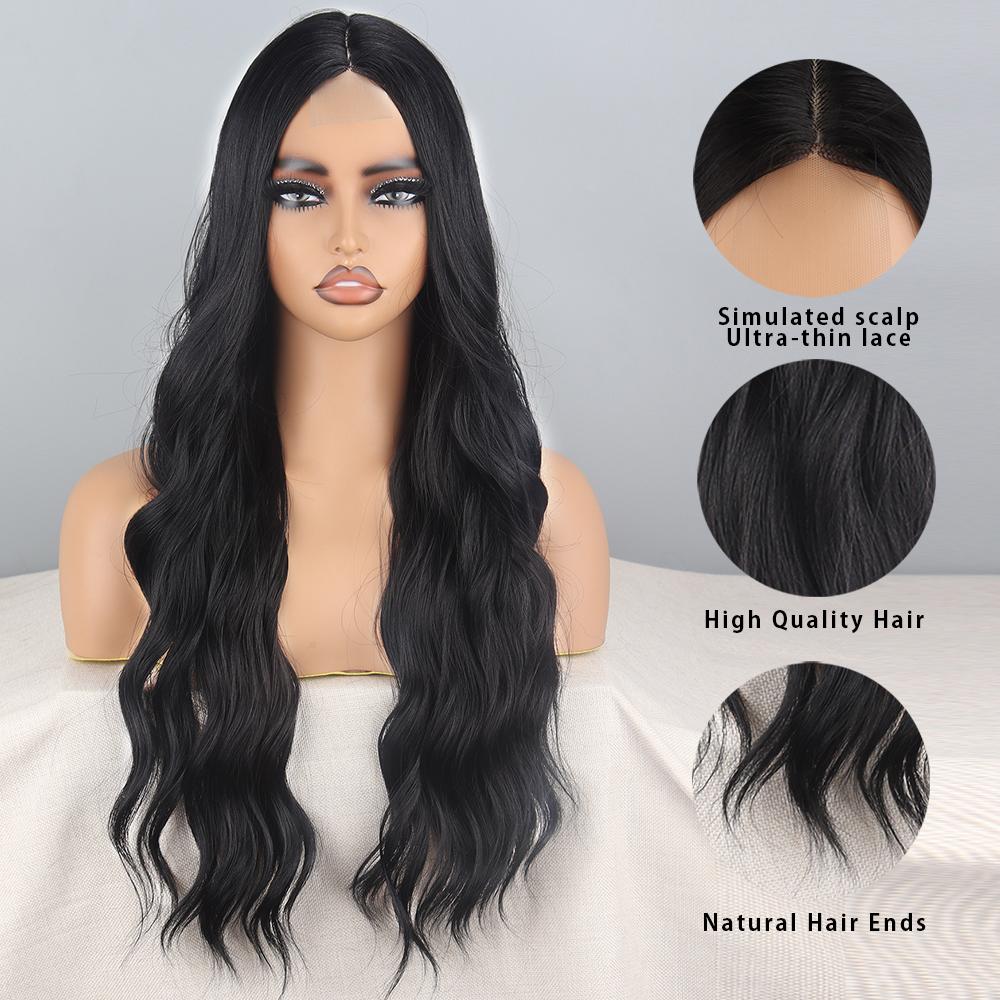 LISI HAIR Women Natural Black Wavy Wig Without Bangs Synthetic Fiber Natural Wavy Lace Front Wig Cosplay Daily Wear