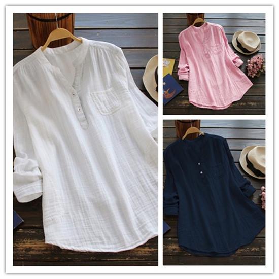 Buy Women Plus Size Cotton Linen Shirts Stand Collar Long Sleeve Casual ...