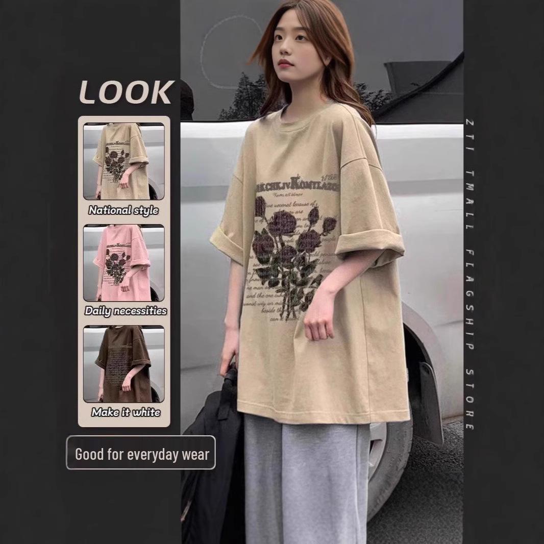 

Women s Loose Fit Retro Rose Five-Sleeve T-Shirt XL
