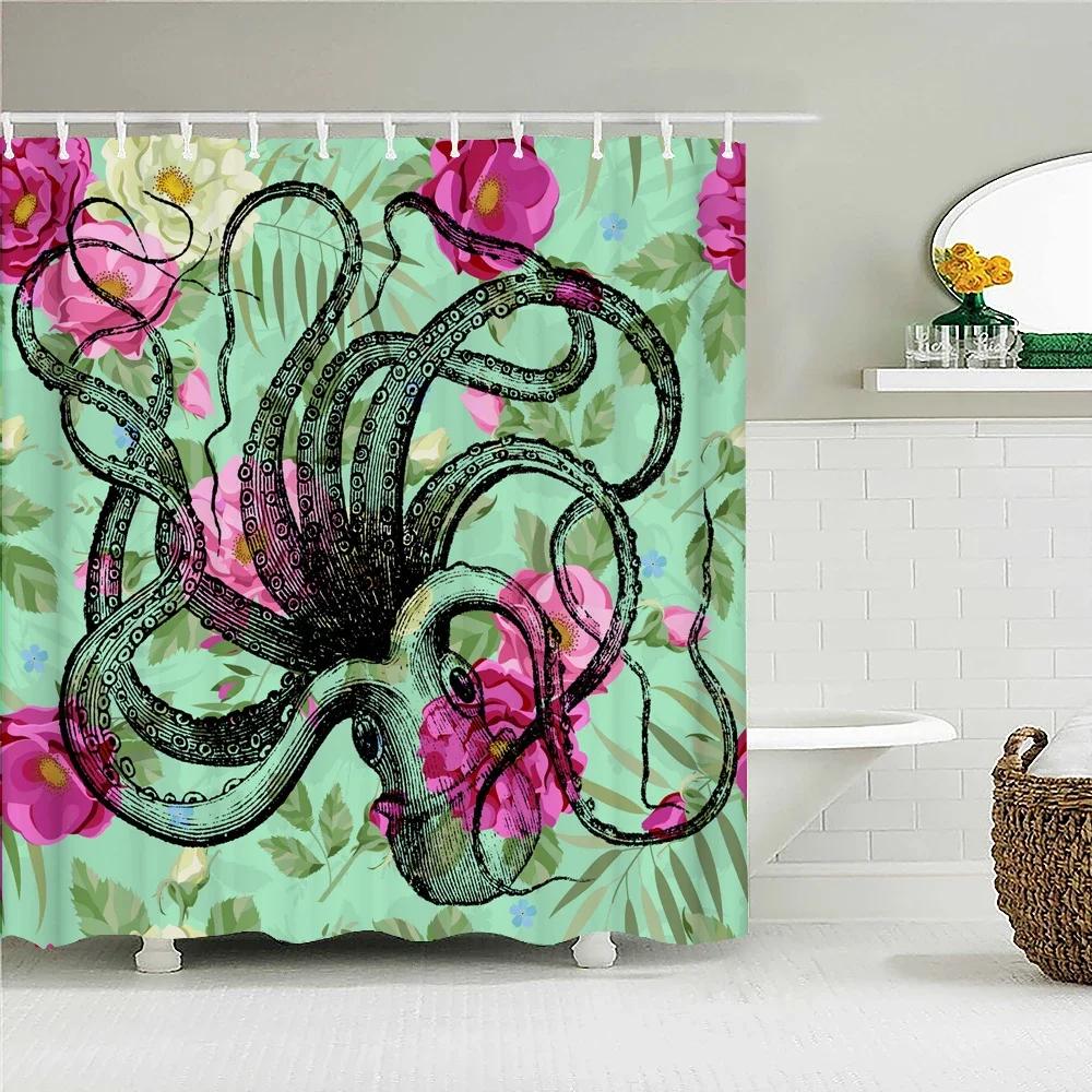 Octopus Seas Shower Curtains Bath Curtain 180*180cm Waterproof Bathroom Home Decor Washable Fabric Bathroom Screen With 12 Hooks