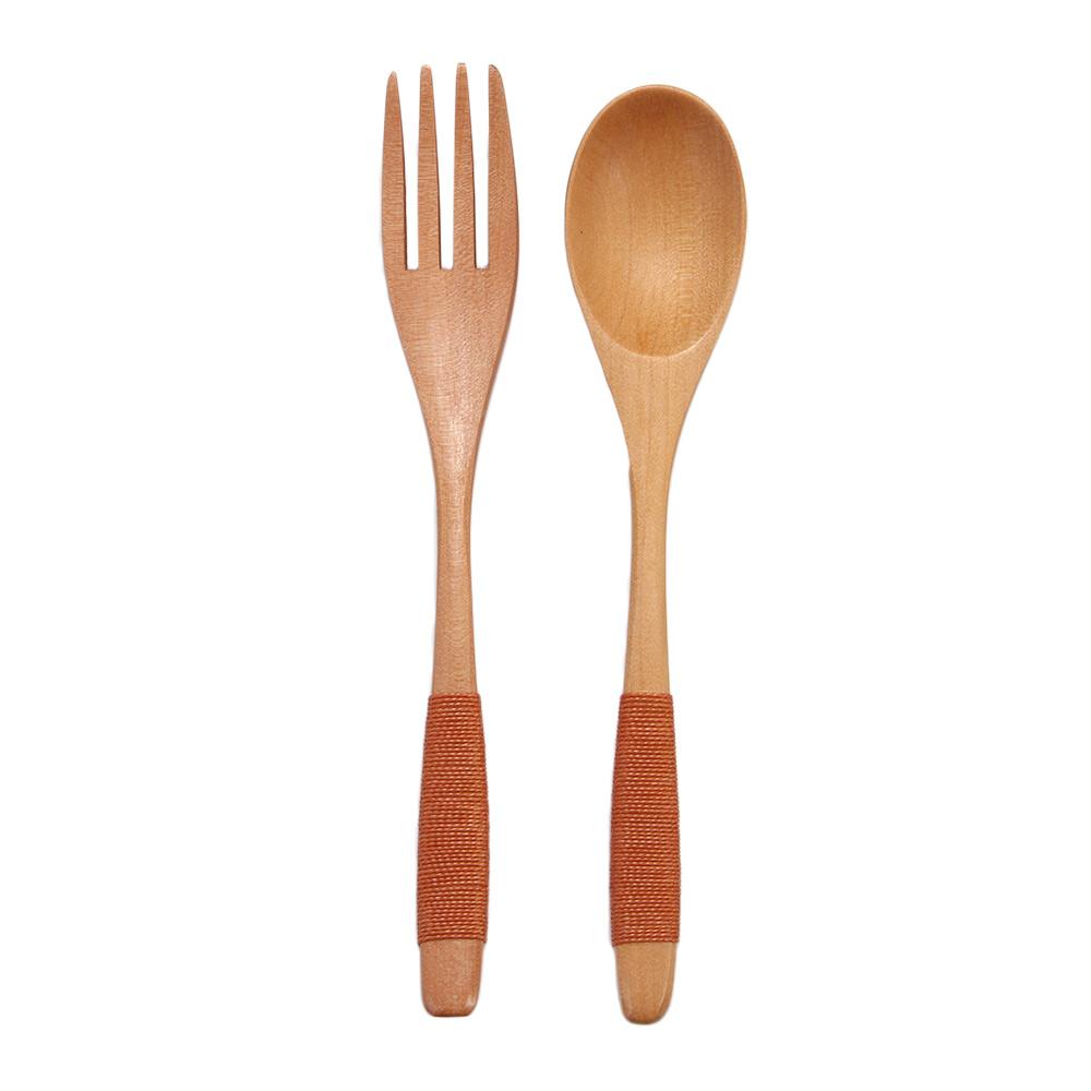 Wooden 2PCS Rice Kitchen Supplies Utensil Soups Fork Dinnerware Sets Spoon Tableware