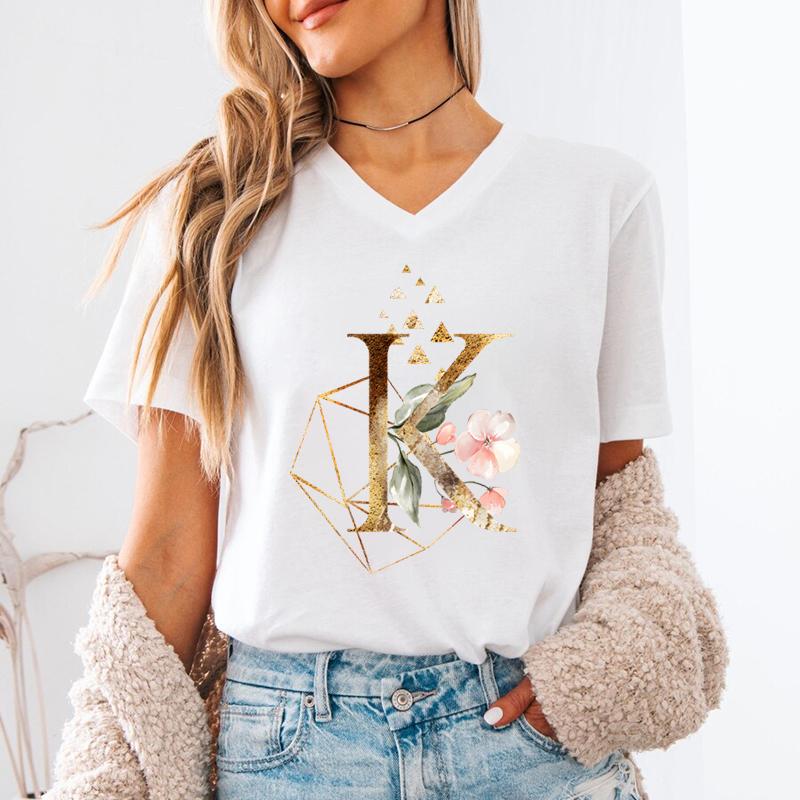 Pink Flower Letters Az Print Tshirt 26 Alphabet Unisexs Vneck Tshirt Flower Letter A B C D Short Sleeve Female Tees Tops