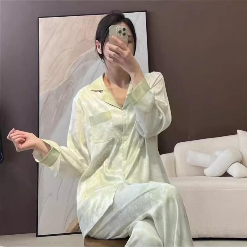 2025 Spring/Autumn Women's Ice Silk Sweet Pajama Set - Long-sleeve, Thin, High-end, Cute, Two-piece Homewear
